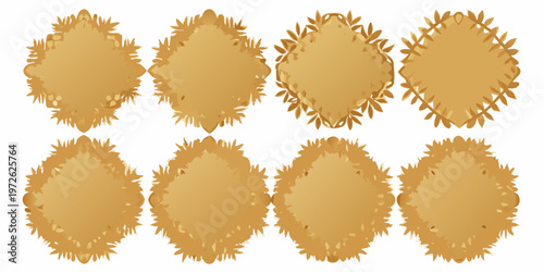 Eight golden ornamental frames with textured edges arranged in a grid