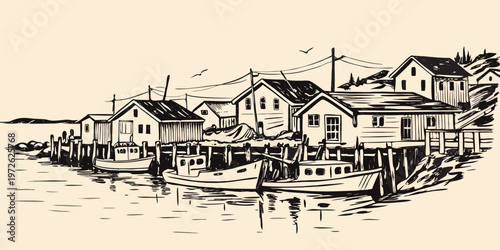 Sketch of a quaint coastal village with boats and rustic buildings