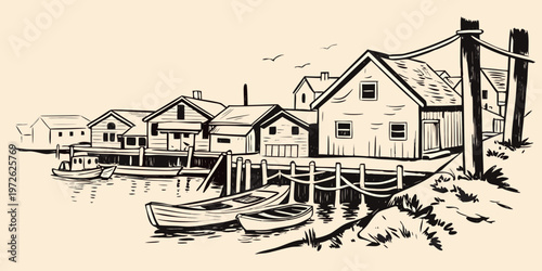 A quaint coastal village scene depicted in a vintage sketch style