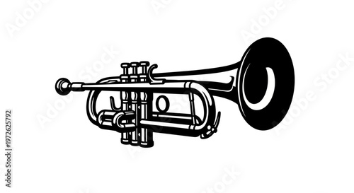 An illustration of a trumpet, front view, with clear details of the valves and bell, on a plain background.