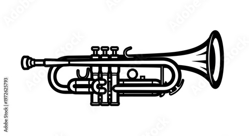 A classic trumpet isolated on white, detailed view of a musical instrument with a flared bell and valves.