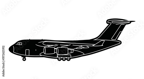 Black and white vector of a military cargo plane isolated on a plain background.