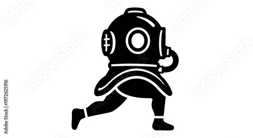 Black and white vector illustration of a vintage diving suit with helmet and flippers.