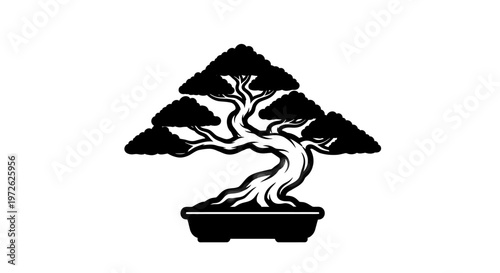 Minimalist black-and-white bonsai tree illustration in a triangular pot with detailed foliage.