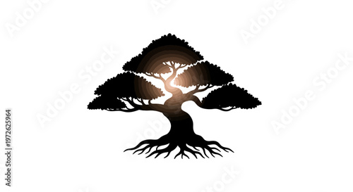 Stylized tree illustration with wide canopy and exposed roots in a triangular frame.