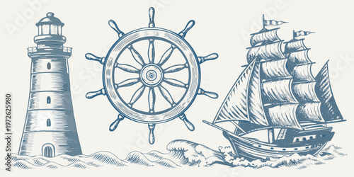 Nautical illustration featuring a lighthouse ship s wheel and sailing ship