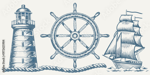 Nautical illustration featuring a lighthouse ship s wheel and sailing ship