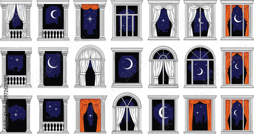 Night window views collection with moon and starry sky, curtains and architectural frames, cozy evening home atmosphere vector illustration set