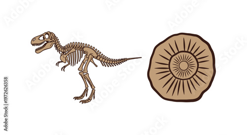 Dinosaur skeleton standing next to fossil.