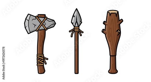 Primitive hunting tools and weaponry set.