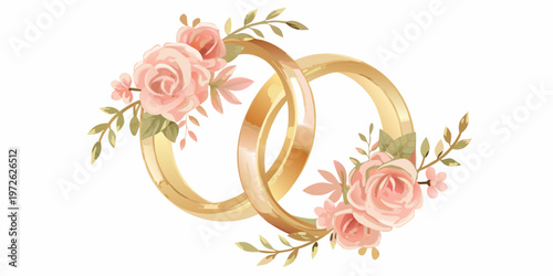 Golden wedding rings intertwined with delicate pink and green floral accents