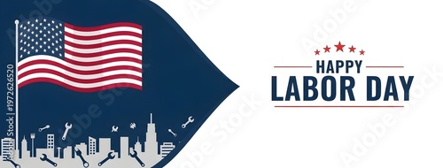 Happy labor day patriotic american flag city skyline celebrating workers us holiday