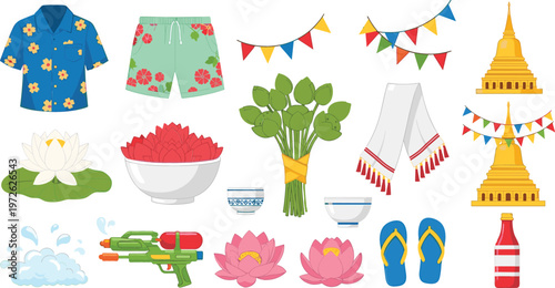 Songkran festival elements set with water guns, floral shirts, temple, flags, lotus, and traditional items, Thai New Year celebration vector illustration