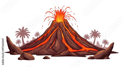 Erupting volcano with molten lava flows.