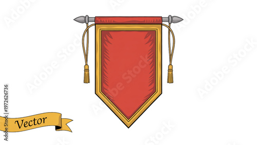 A red shield-shaped emblem with gold trim and fringe detailing Vector