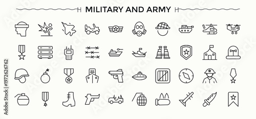Military And Army icon set. Military linear icon collection. Thin line icons set. Includes thin line symbols weapon, navy, warrior, soldier, war. Signs for web and mobile app.