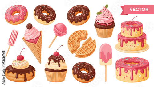 Colorful assortment of baked goods and pastries with decorative frosting Vector