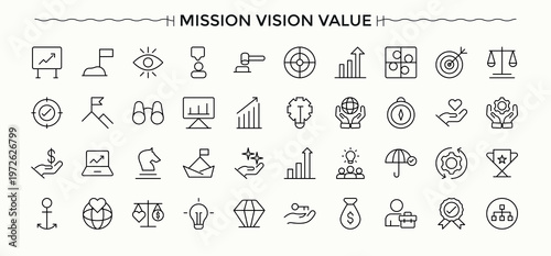 Set of Mission line icon. Pictograms of growth, achievement, company, climb, vision, success, achieve and more. Set of line pictogram. Vision icon set. Vector collections.