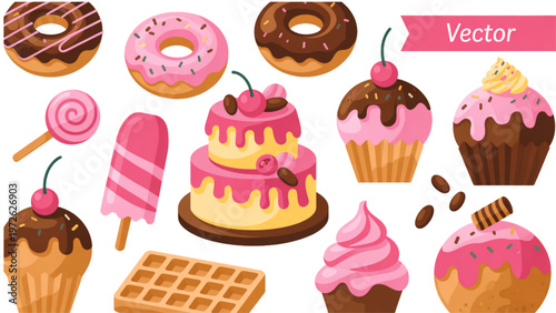 Assorted colorful pastries and desserts in a playful arrangement Vector