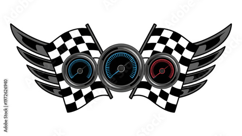 Checkered flag wings tattoo design with a central circular emblem Vector