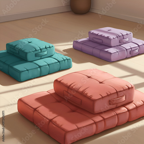 Colorful meditation cushions arranged in a sunny interior space. Multiple stackable cushions in teal, lavender, and coral hues rest on a light beige floor.
