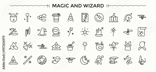 Magic And Wizard related icon set. Collection for mobile and web apps. Featuring magician, fantasy, magic, trick, mystery. Editable stroke. Vector illustration. Wand icon pack.