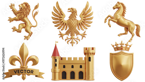 Collection of heraldic symbols including lions, fleur-de-lis, and castle motifs Vector