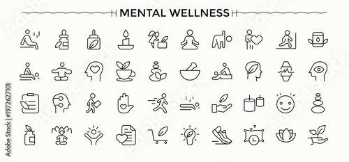 Mental Wellness modern icon set. UI icons set in a thin style. Mind simple icon set. Pictograms of psychology, emotion, medicine, exercise, meditation, mental and more.