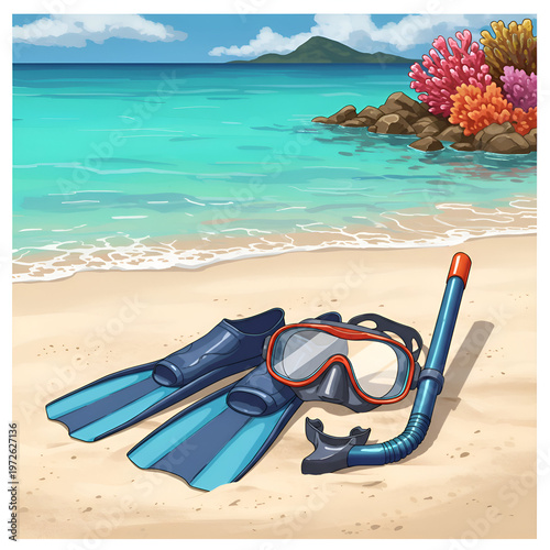 Beachside snorkeling gear resting on the sand with turquoise ocean in the background. Leisure equipment on the sand with a tropical beach scene.