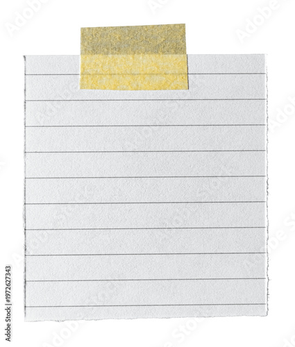 Ruled paper note with yellow adhesive sticky tape with copy space for text, isolated cut out transparent png background design element