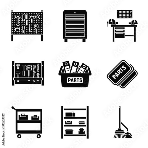 Black and white industrial tools icons.