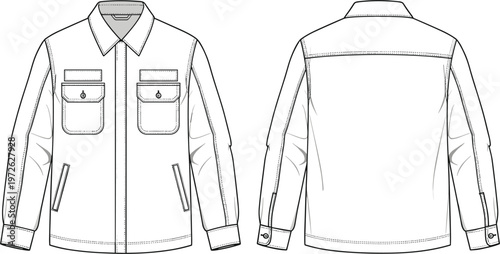 Technical fashion flat sketch of men's polo shirt with front and back views featuring ribbed collar and sleeve cuffs for apparel design and manufacturing.