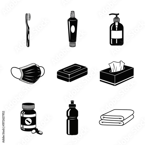 Black and white medical supplies illustration.