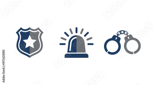 Police Badge, Siren, and Handcuffs Icons Vector Illustration
