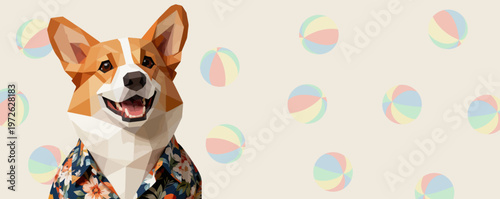 geometric style, vector illustration, pets banner with corgi in hawaiian shirt and colorful beach balls 