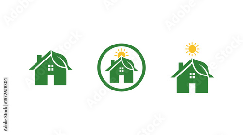 Eco-friendly house logo: green home, leaf, sun, nature concept
