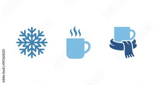 Winter Icons: Snowflake, Hot Drink Mug, and Scarfed Cup on White Background