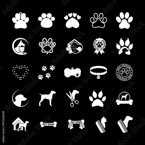 Pets icons set isolated on black background