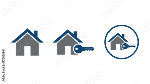 Home Icon Set: House, Key, and House with Key in Circle