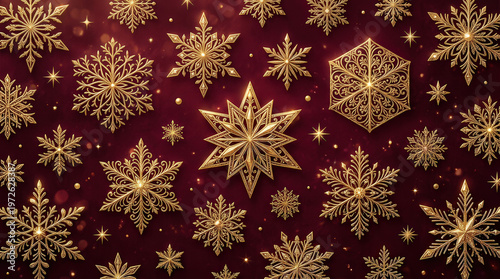 Festive Gold Snowflakes Pattern on Deep Red Background for Holiday Decorations