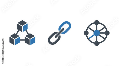 Blockchain, Network, and Connection Icons: Cubes, Link, and Hub Symbols