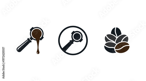 Coffee Machine Portafilter Icons and Beans Vector Illustration