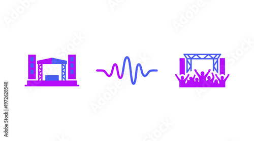Concert Stage Icon with Sound Wave and Crowd, Music Festival Concept