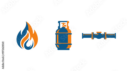 Gas Flame, Cylinder, and Pipeline Icon Set - Energy and Fuel Supply