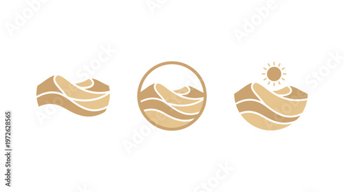 Desert Landscape Logo Set: Sand Dunes, Sun, Circle Emblem