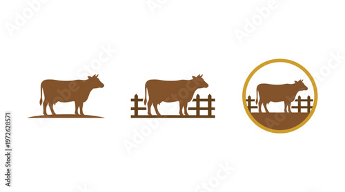 Brown Cow Silhouette Icons: Farm, Fence, and Circle Emblem