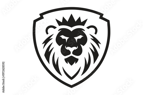 A striking black and white emblem features a lion s head within a shield conveying strength and regal power high-quality