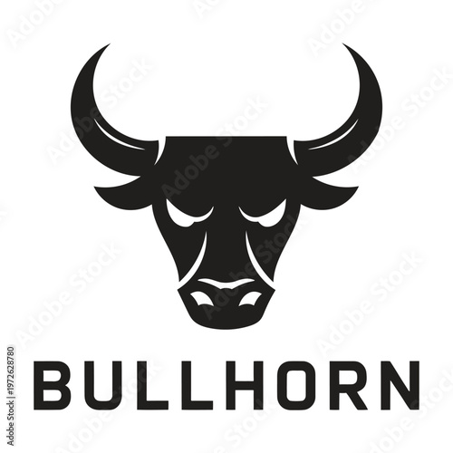 A striking black and white illustration depicts the head of a bull emphasizing its powerful horns and intense gaze high-quality