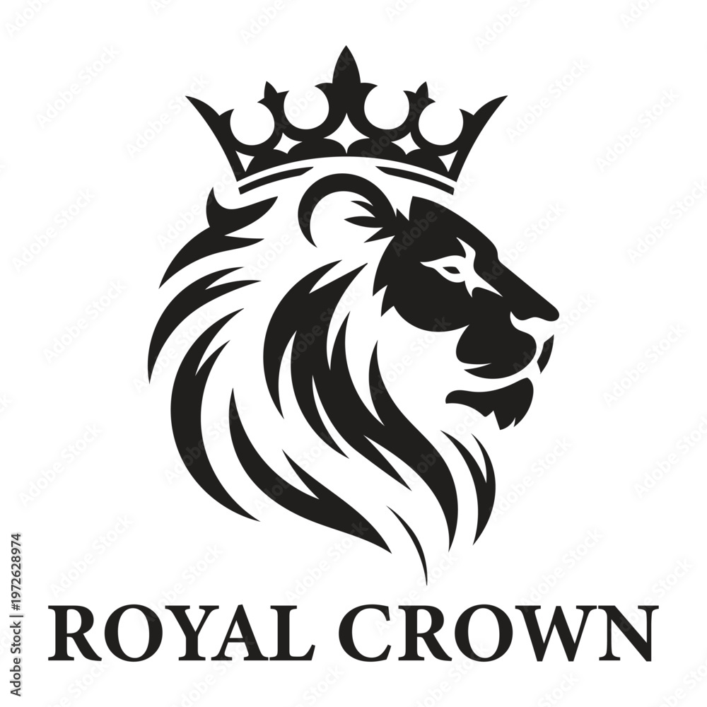 Obraz premium A striking black and white illustration depicts a majestic lion s head crowned with a regal ornate crown high-quality professional