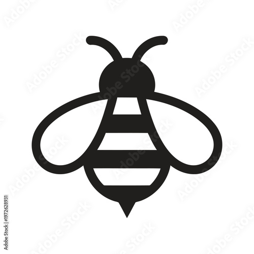 A simple black and white graphic depicts a bee in flight showcasing its iconic striped abdomen and wings high-quality professional